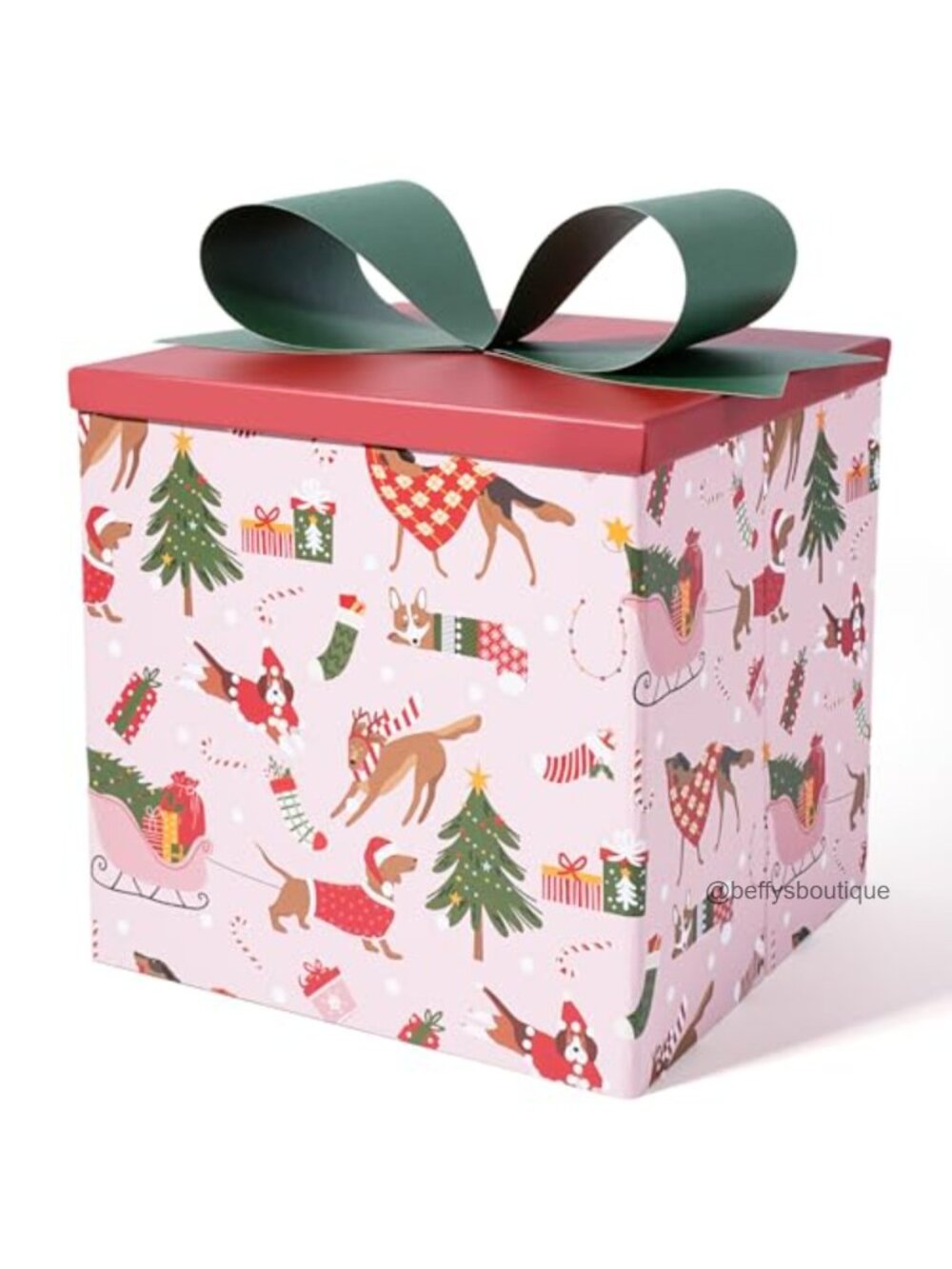 Christmas Dog Gift Box with Lid 9x9x9 Includes Cards, Tissue, Ribbon